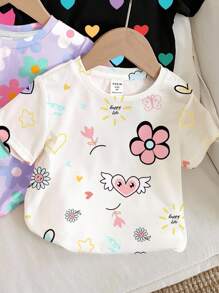 SHEIN 4 件套女婴休闲简约圆领短袖 T 恤，适合春夏季