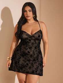 SHEIN BAE 大码女式初秋植绒优雅派对连衣裙 - 黑色 - 查看 7