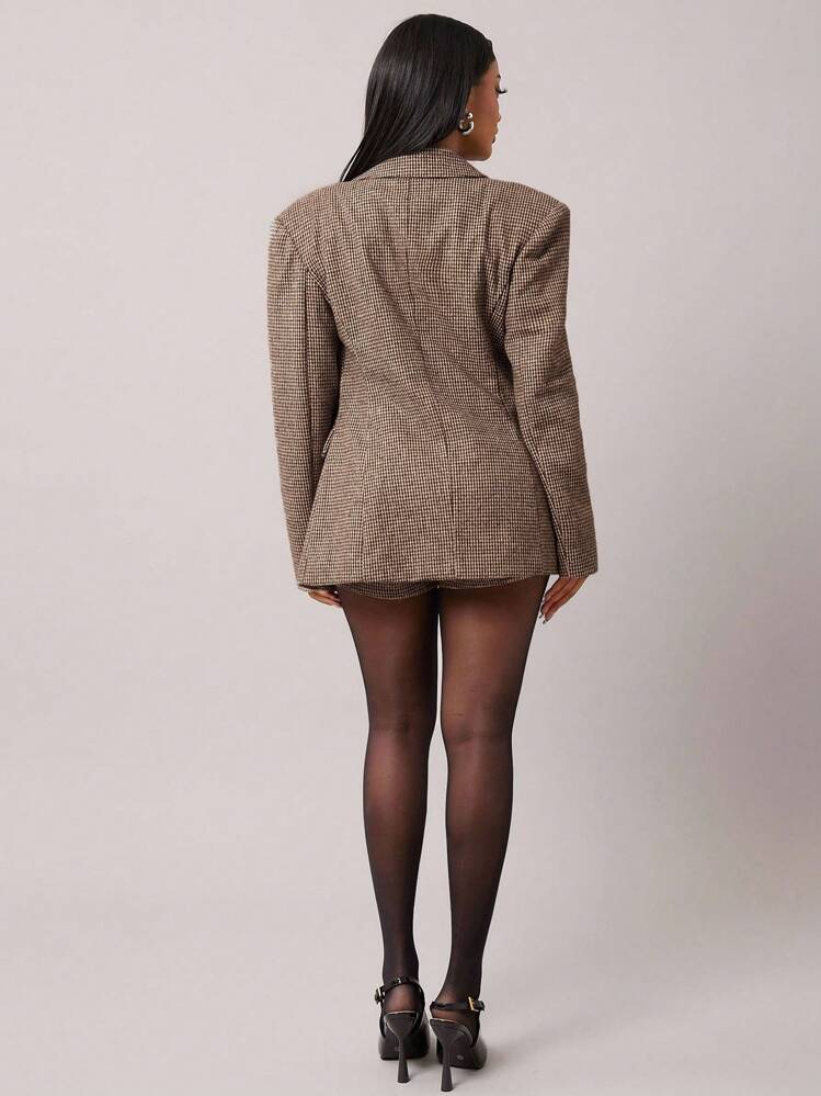 Radiana Set di abito in lana a quadri marroni retrò chic da donna, include blazer aderente + pantaloncini vita bassa (con spalline), 2 pezzi per autunno/inverno - Castano - Visualizzare 4