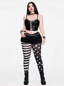 Whyspr Quần legging lưới co giãn họa tiết sọc ngôi sao phong cách Punk tương phản thời trang - Đen và trắng - Xem 7