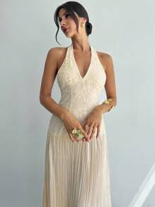 Firerie Women's Elegant Romantic Delicate Daily Vacation Party Ball Halter Backless Embroidery Textured Fabric Bodycon Pleated A-Line Apricot Maxi Dress, Summer