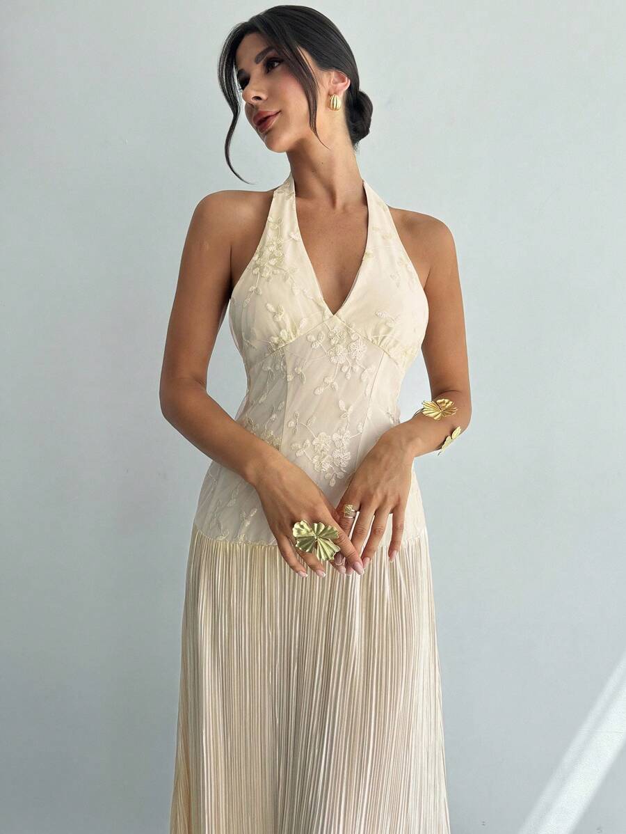 Firerie Women's Elegant Romantic Delicate Daily Vacation Party Ball Halter Backless Embroidery Textured Fabric Bodycon Pleated A-Line Apricot Maxi Dress, Summer