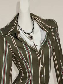 SHEIN ICON 休闲通勤条纹腰长袖衬衫 - 彩色 - 查看 7