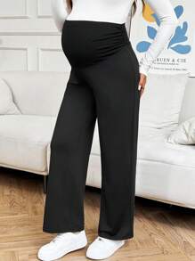 SHEIN Maternity Solid Color Adjustable Waist Pleated Design Casual Pants - Black - View 6