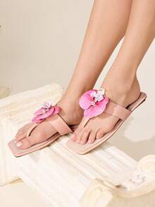 CUCCOO CHICEST 女士亚麻平底凉鞋，3D 鸢尾花装饰，优雅甜美休闲时尚舒适一脚蹬春夏季鞋，适合下午茶、约会、海滩度假 - 粉色 - 查看 6
