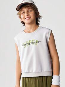 JNSQ 返校户外休闲运动连帽衫和背心，儿童圆领套头衫趣味字母印花户外休闲运动运动衫 - 卡其色 - 查看 2