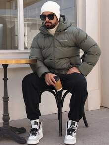 DAZY Men's Thick Padded Coat With Letter Print, Hooded, Drawstring, Warm For Winter, Deep Grey Jacket - Grey - View 7