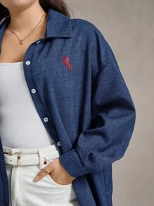 Zelara Soft Navy Blue Plus Size Blouse With Regular Fit And Collar Neckline Button Up Blouse Women Teacher For Women Homecoming,Fall For Women Blue Blouse Women Western Blouse Women Plus Size Button Down Blouse Work/Office - Navy Blue - View 8