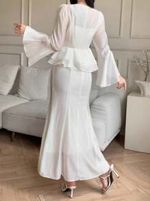 DAZY Completo da 2 pezzi composto da blusa in chiffon semplice e casual con laccetti e volant, e gonna a sirena aderente, adatto per matrimoni, lauree, feste, abbigliamento autunnale da donna - Beige - Visualizzare 10