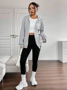 Solflare Comfortable Plain Grey Hooded Zipper Coat For Casual Fall Outfits,,Fall Clothes For Women Winter Autumn