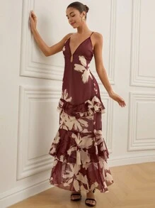 Aveloria Modichic Brush Stroke Random Print Silhouette Flower Contrast Color Chiffon Sleeveless Dress With Ruffle Hem, Elegant & Sexy Women Long Dress - Multicolor - View 4