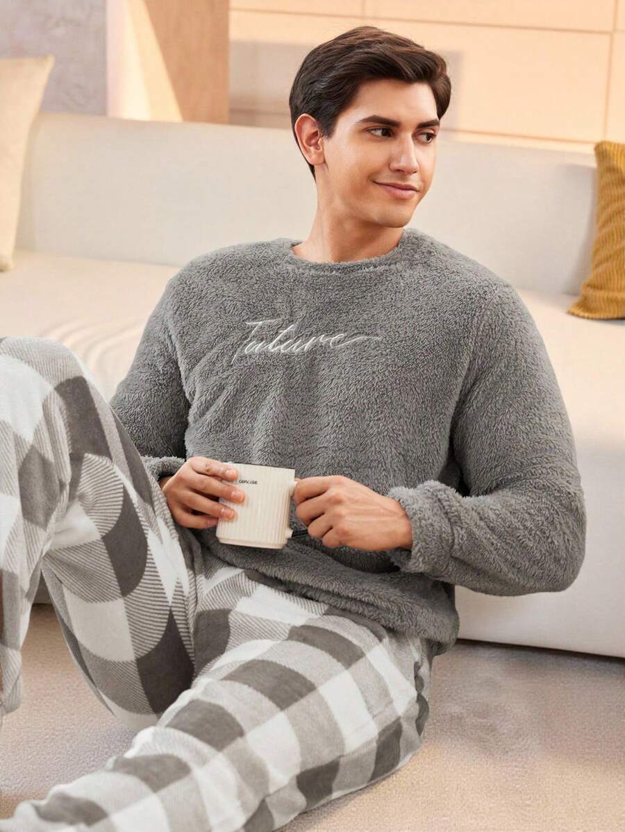 Manfinity Underwear&Sleepwear Basics Men 2pcs/Set Letter Embroidered Top & Plaid Flannel Pants Fluffy Pajama Set, Fall Winter Clothes, Cozy