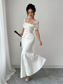 Elenzga 女士优雅时尚通勤休闲舒适奢华浪漫约会迷人复古假日网眼刺绣拼布短袖合身珍珠纽扣纯色纹理美人鱼蕾丝提花两件套（随机花卉图案） - 杏色 - 查看 4