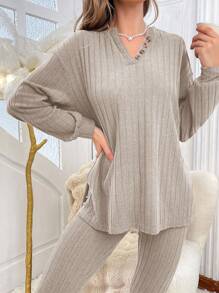 纯色纹理半扣女士家居服套装，秋冬服装，舒适套装