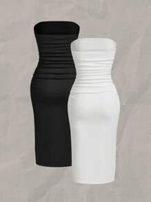 SHEIN EZwear Bộ 2 món váy midi bó sát, xẻ cao, nhún eo, thường ngày cho nữ, phù hợp cho mùa hè - Nhiều màu - Xem 2