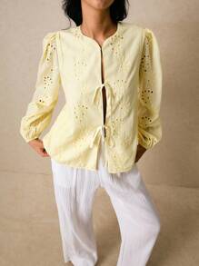 Poéselle 女士刺绣灯笼袖系带时尚衬衫，奶油黄上衣，可爱上衣，波西米亚风，外出上衣，商务休闲女装，度假女装，秋季女装，秋季上衣 - 黃色 - 查看 4