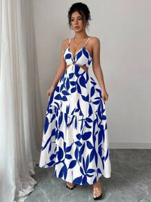 Elenzga 女装夏季新款吊带收腰花卉印花连衣裙（不对称花卉图案）