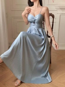 DAZY 纯色褶皱连衣裙，夏季女装连衣裙，吊带裙 - 藍色 - 查看 1