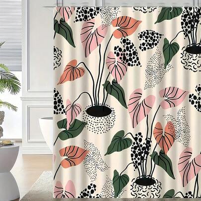 SHEIN 防水涤纶浴帘，抽象植物印花，含 12 个挂钩，顶部带索环，可机洗，编织面料，花卉和圆点图案设计，适合标准浴缸