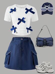 2pcs/Set Girls' Sweet & Cute Bow Decor T-Shirt & Pink Denim Skirt Casual Outfit - Dark Wash - View 3