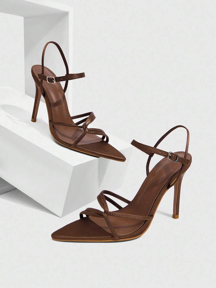CUCCOO SZL 10cm Pointed Toe Sexy High Heel Sandals, Brown Thin Strap Design, Satin Material