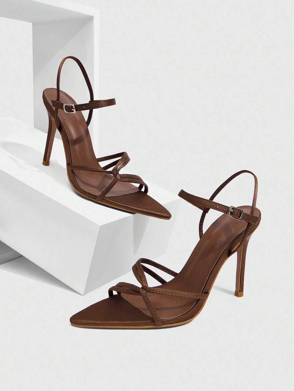 CUCCOO SZL 10cm Pointed Toe Sexy High Heel Sandals, Brown Thin Strap Design, Satin Material