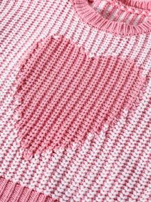 SHEIN 新款时尚百搭可爱爱心图案圆领毛衣，适合少女穿着，爱心图案可爱毛衣 - 粉色 - 查看 5