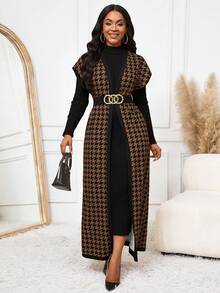 SHEIN Lady CURVE 棕色千鸟格撞色条纹开衫外套女背心上衣春夏秋季百搭单品大码夹克 - 棕色 - 查看 3