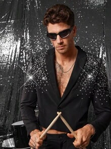 FeverCity Men's High-End Rhinestone Embellished Black Suit Set, 2 Pieces, Suitable For Spring & Autumn - Black - View 3