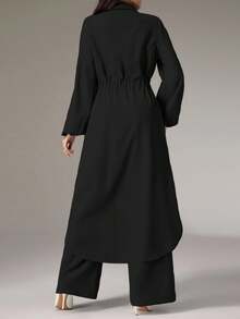 Modelyn 2件套优雅通勤水钻装饰长衬衫和裤子套装 - 黑色 - 查看 2