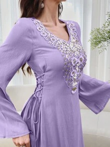 Al Najma Women's Floral Print Decorated Long Sleeve Side Tied Arabian Dress - Purple - View 4