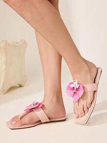 CUCCOO CHICEST 女士亚麻平底凉鞋，3D 鸢尾花装饰，优雅甜美休闲时尚舒适一脚蹬春夏季鞋，适合下午茶、约会、海滩度假 - 粉色 - 查看 3