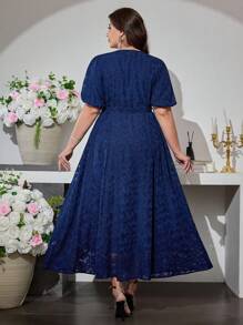 Modelyn Plus Size Women V-Neck Puff Sleeve Tie Waist Flared Elegant Dress - Navy Blue - View 2