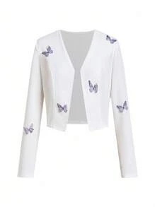 Ellevyn 纯色优雅翻领长袖西装外套，精致的 3D 蝴蝶装饰，适合秋冬季派对、活动、郊游等场合秋冬女装教师服 - 白色 - 查看 8