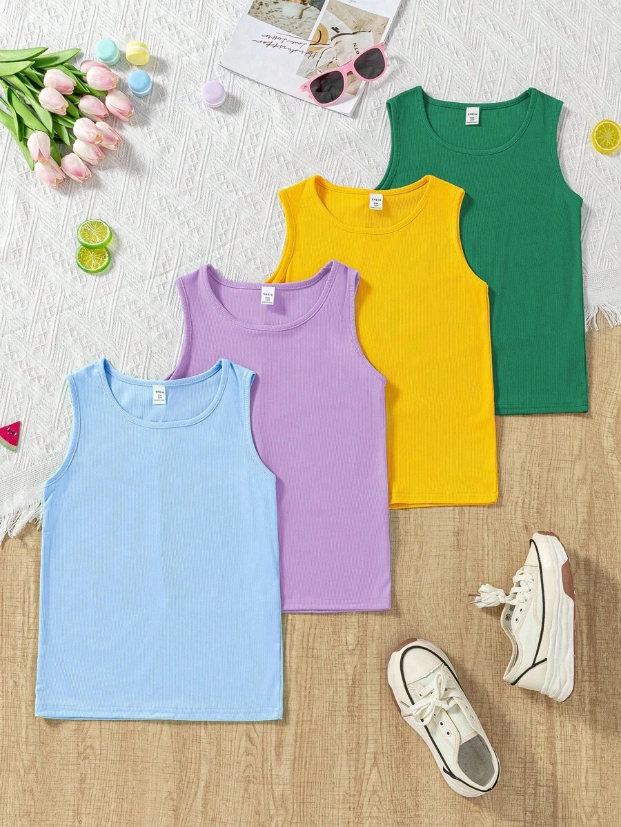 SHEIN Paquete múltiple de top de camiseta de tirantes acanalado de unicolor informal para niña preadolescente - Multicolor - Ver 1