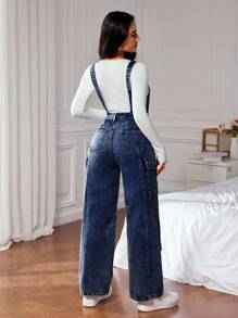 SHEIN ICON Casual Fashion Versatile Pocket Wide Strap Women Denim Overalls - Dark Wash - View 2