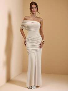 SHEIN BAE 秋季女式纯色杏色不对称肩部褶皱修身长裙/返校礼服/女式婚礼宾客礼服/适合度假、音乐节、生日、早午餐、伴娘、婚礼宾客、优雅礼服派对礼服 - 杏色 - 查看 7