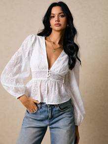 Poéselle 女士刺绣深V灯笼袖时尚衬衫