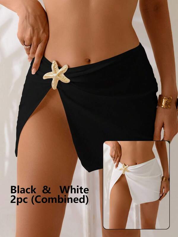 Swim Lushoire Set da 2 pezzi di nuove gonne da donna a tinta unita nere e bianche con spacco laterale, decorate con stelle marine in metallo, abito da spiaggia alla moda e sexy