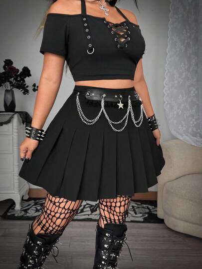 Whyspr Plus Solid Pleated Skirt Without Chain Belt Goth Fall