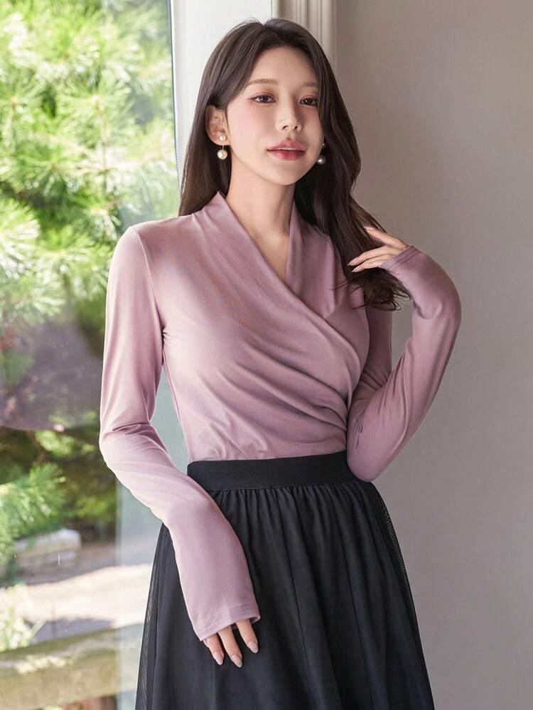 Elegant Solid Color V-Neck Women Long Sleeve Fashion T-Shirt Fall Tops