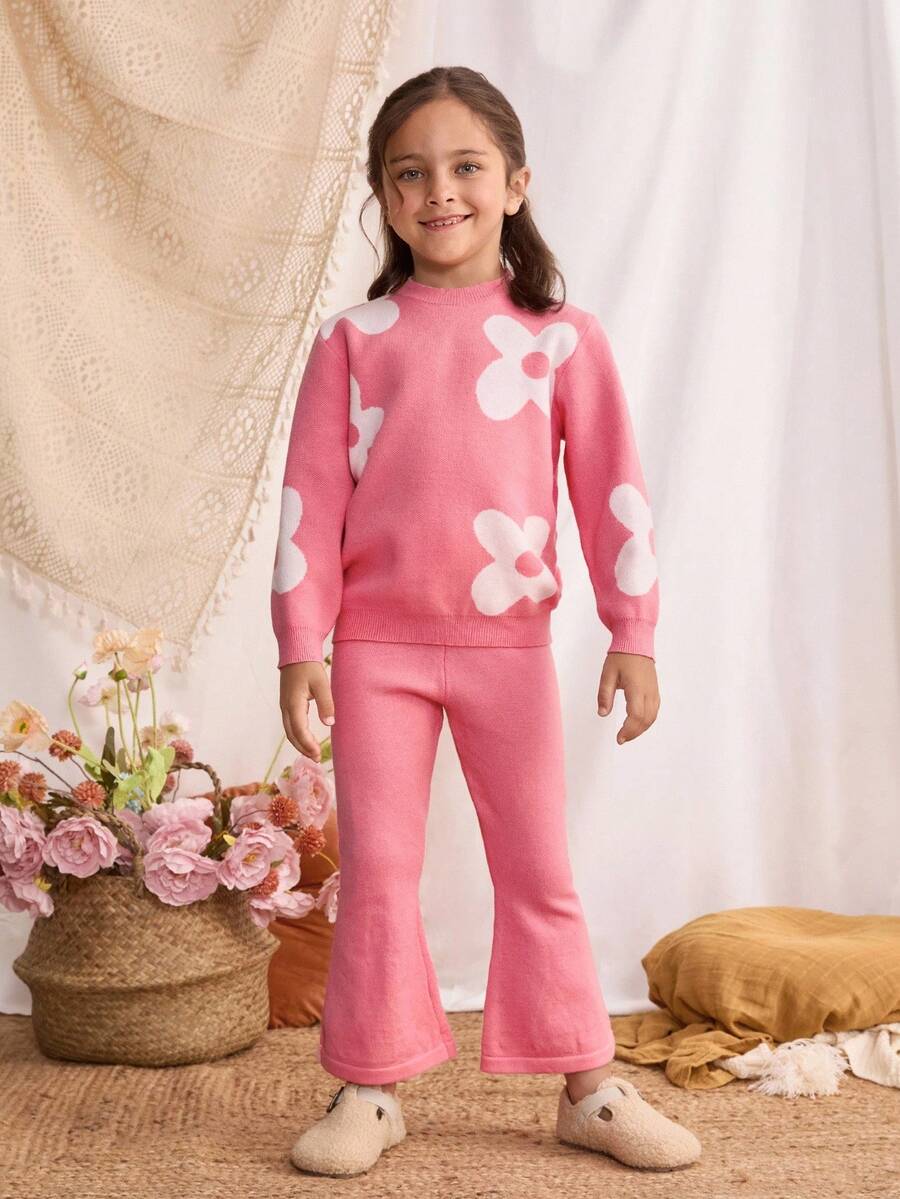Blossori Young Girls' French Elegant Floral Pattern Pullover Sweater And Knit Pants Set Girls Pink Two Piece Set Girls Sweater Sets Girls Comfy Set Kids Loungewear Young Girls Winter Sets Fall