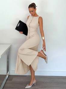 Siren Gaze 女士休闲通勤纯色单排扣无袖收腰长款连衣裙，夏季