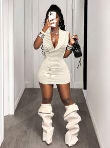 BamGleam 女士针织白色V领长袖罗纹迷你连衣裙，配方形金属纽扣