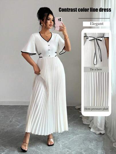 Rafferiza 女式春夏黑白拼色飘逸袖收腰设计喇叭长裙，优雅休闲海滩度假毕业派对婚礼节日场合