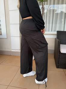 magalhaesca Plus Size Women Elastic Waist Drawstring Cargo Pants With Hem Embellishment - Black - View 5