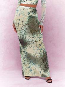 MISSGUIDED Oberteil mit Rüschen an den Seiten, transparente Mesh-Optik und langen Ärmeln sowie ein Maxirock mit weitem Saum, Zweiteiler-Outfit mit Tiermuster - Verschiedenfarbig - Übersicht 4