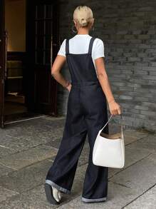 DAZY Women's Loose Casual Long Denim Bib Pants And Jumpsuit Overalls - Dark Wash - View 3