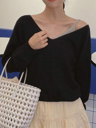 DAZY V-Neck Loose Solid Color Thin Long Sleeve Cover Up Sweater For Women Fall