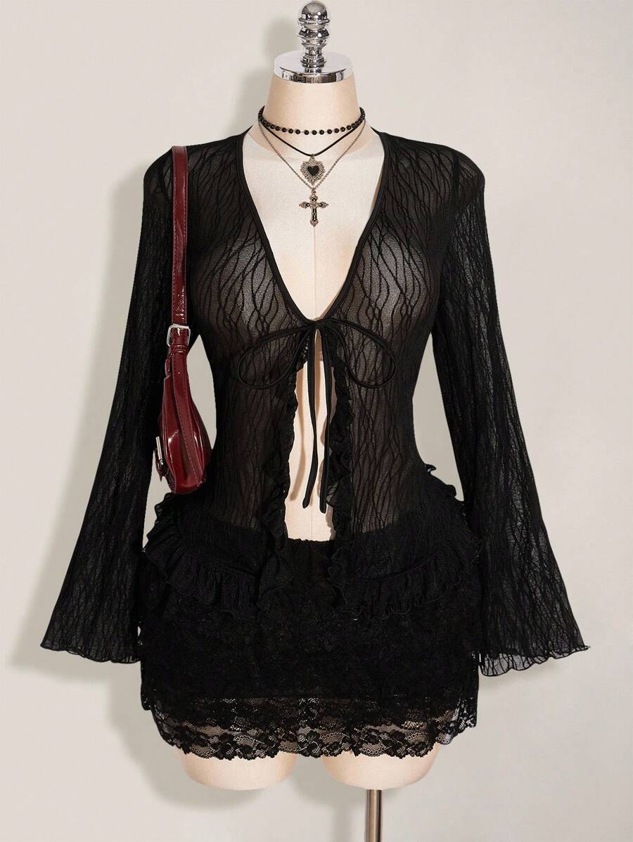 SHEIN ICON Plus Size Long Sleeve Sheer Tie Front Cardigan And Multi-Layer Lace Shorts Set,Fall Clothes For Women - Black - View 1